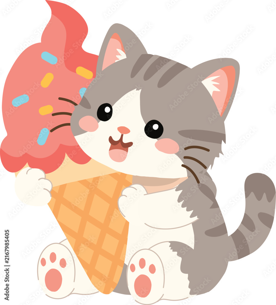 Fototapeta premium Cute Cat Holding Ice Cream Cone Cartoon Kitten Illustration. Cute gray tabby kitten holding a colorful ice cream cone