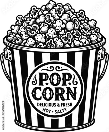 A delightful vintage style illustration of a brimming popcorn bucket perfect for autumnal festivities movie nights and adding a nostalgic charm to halloween decorations