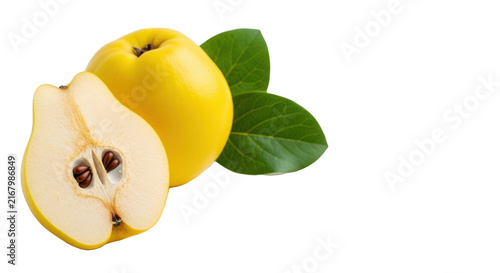 Vibrant yellow whole quince, perfect slice with light yellow crisp flesh and seeds, fresh green leaves on transparent surface with copy space, concept of healthy eating and wellness