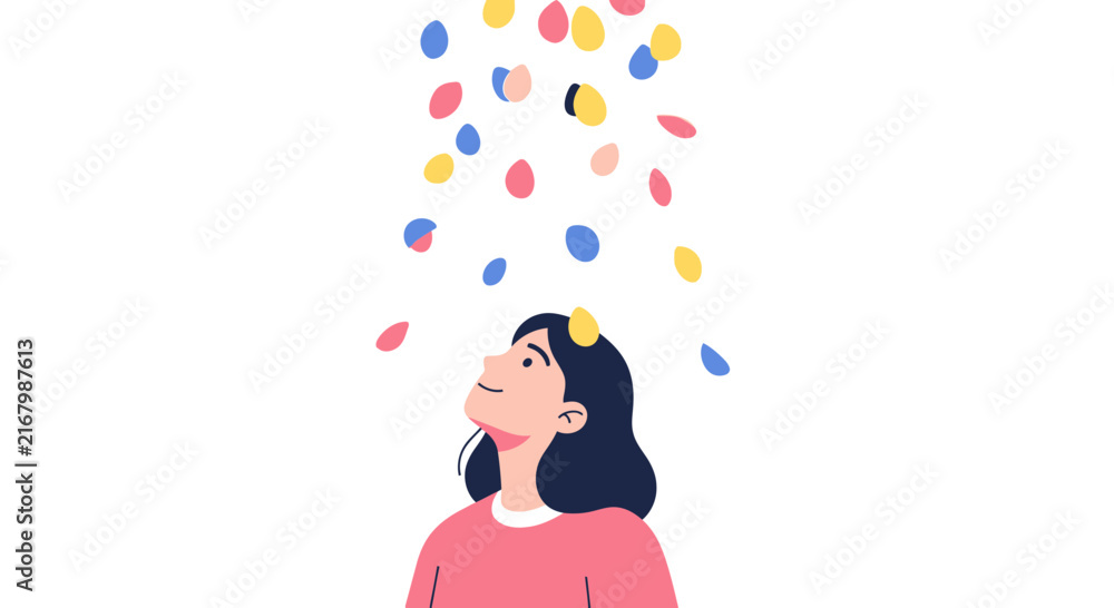 Fototapeta premium Minimalist Illustration of a Happy Young Woman Looking Up at Falling Colorful Petals or Creative Ideas, Concept of Inspiration and Positivity