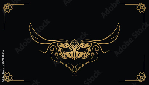 Ornate gold masquerade mask on a black background features delicate filigree details and decorative corner border frames.