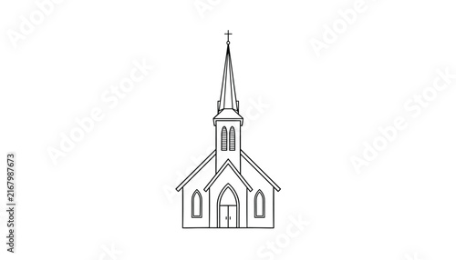 Clean black and white line art illustration of a traditional Christian church building featuring a tall steeple and a cross.