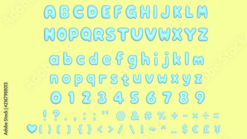 Soft pastel blue bubble alphabet with uppercase, lowercase, numbers and symbols