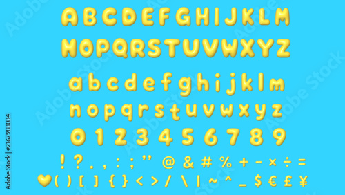 Glossy golden bubble alphabet with uppercase, lowercase, numbers and symbols on blue background