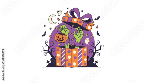 Zombie hands rising from a spooky Halloween gift box holding a pumpkin bucket with spooky elements in the background.