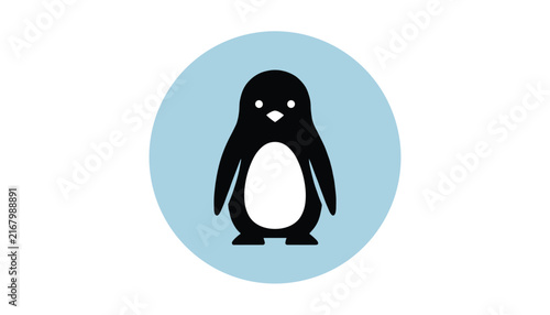 Cute black and white penguin character icon, set inside a soft blue circle, isolated on a white background.