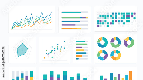 Obraz na płótnie Assorted data charts and graphs collection with colorful infographics and dashboards