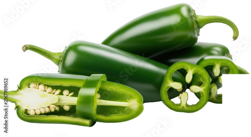 Vibrant green jalapeño peppers, whole and precisely sliced showing internal structure, on transparent studio background with copy space, soft lighting, still life food photography concept
