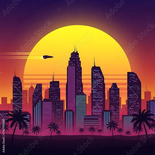 Vibrant retro-futuristic cityscape at sunset with towering neon-lit skyscrapers, silhouetted palm trees, and a large orange sun in a classic synthwave aesthetic.