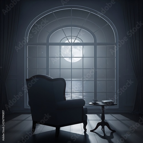 Moody interior scene featuring a solitary armchair silhouetted against a grand arched window, revealing a dramatic full moon reflecting on the ocean at night.