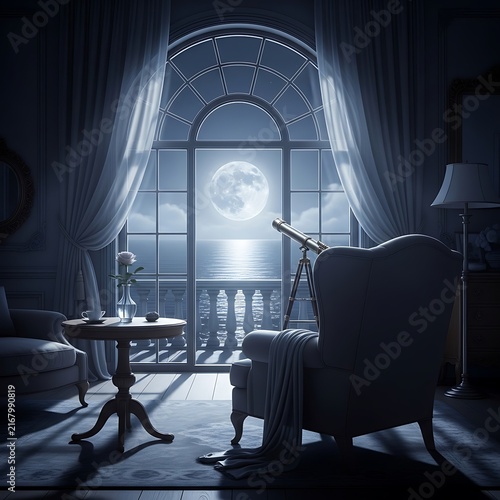 Elegant interior with an ornate armchair and telescope positioned by a large arched window, offering a stunning view of a full moon reflecting on the tranquil ocean.