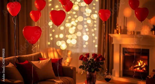 Beautifully decorated romantic living room featuring red heart balloons, twinkling string lights, a warm fireplace, and a bouquet of red roses, perfect for a date.