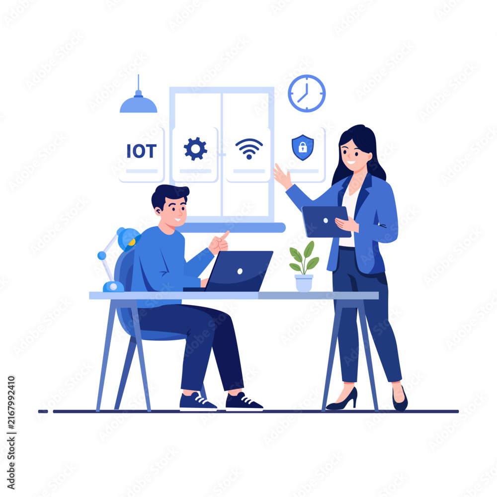 Fototapeta premium Two IT Professionals Collaborating on IoT Infrastructure and Network Security in a Modern Office