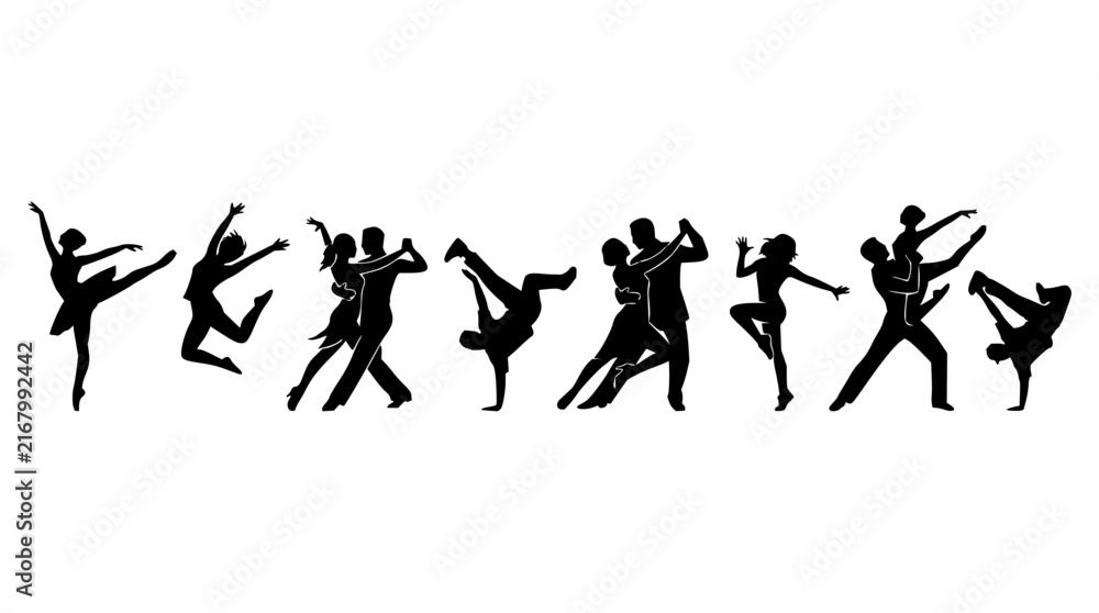 Fototapeta premium Dancing figures set with dynamic poses featuring ballet, salsa, tango, a