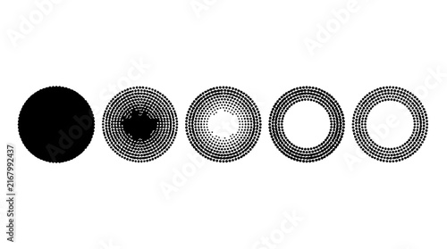 Circular patterns set with diminishing dot density featuring halftone, gradient, transition, monochrome and sequence