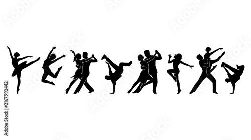 Dancing figures set with dynamic poses featuring ballet, salsa, tango, a