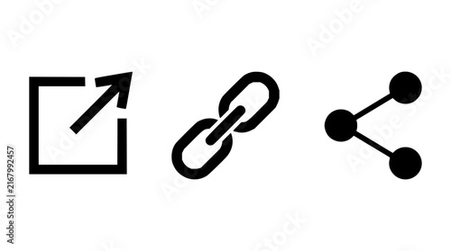 Function icons set with square arrow, chain link, and share symbol featuring navigation, connection, and social media with vector graphics and minimalist design