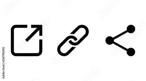 Interface icons set with square arrow, chain link, and share button featuring minimalist design, black outline, vector graphics, web elements with connectivity and navigation