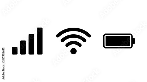 Tech icons set with signal strength, Wi-Fi symbol, and battery indicator featuring cellular bars, wireless network, and power level with monochrome design and flat style