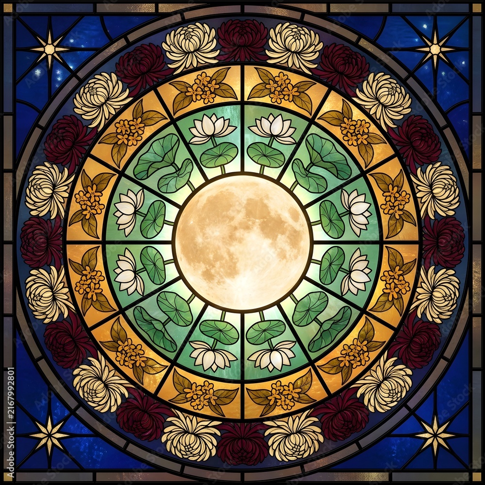 Obraz premium Ornate stained glass mosaic mandala featuring a glowing central full moon encircled by rings of white lotus pads, osmanthus, and chrysanthemums.