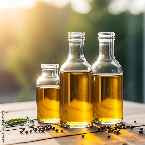 Group of three clear glass bottles filled with golden oil, accompanied by a fresh hemp leaf and seeds, all arranged on a rustic wooden table outdoors under soft light.