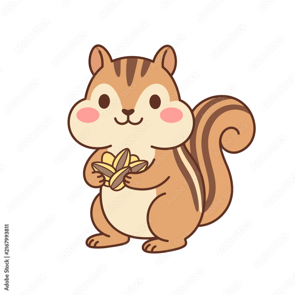 Fototapeta premium Cute cartoon chipmunk holding sunflower seeds illustration