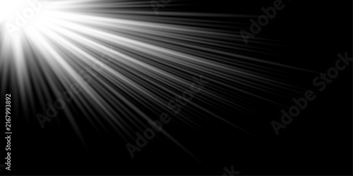 Abstract bright white light effect with glowing rays shining from corner on dark black background