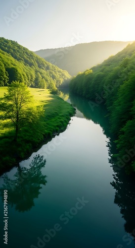 Breathtaking view of a tranquil river winding gracefully through a vibrant green forest valley, bathed in the soft, golden light of sunrise or sunset, creating a serene landscape.