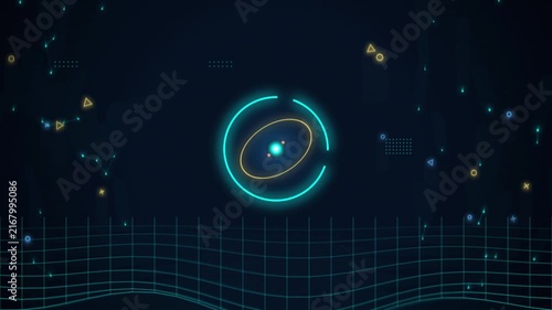 Abstract Futuristic Sci-Fi HUD Interface Loop with Glowing Atomic Core Orbit and Cyber Grid