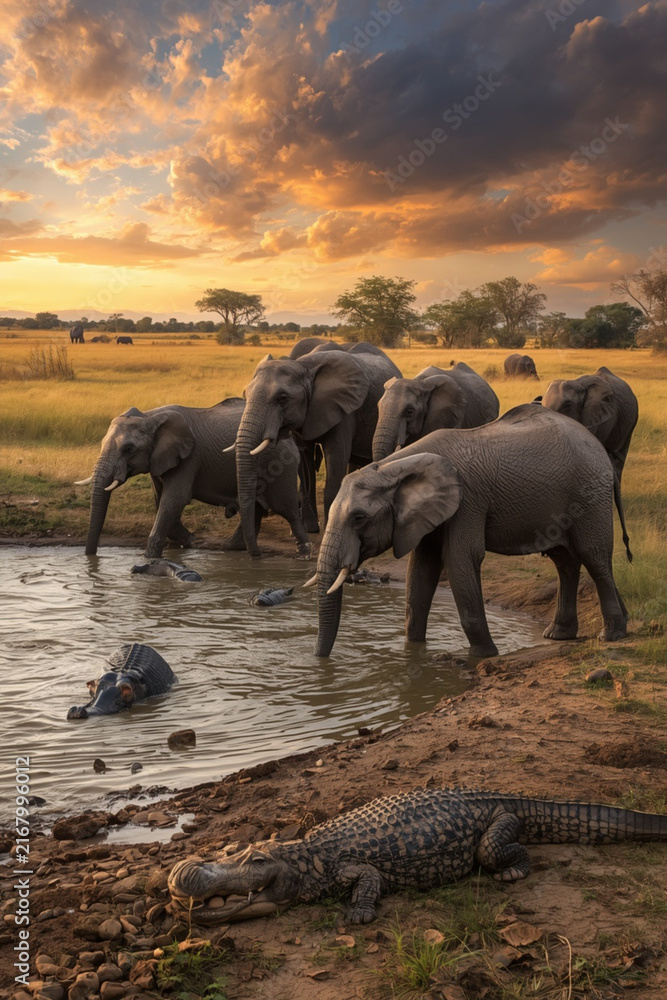 Naklejka premium elephants at sunset