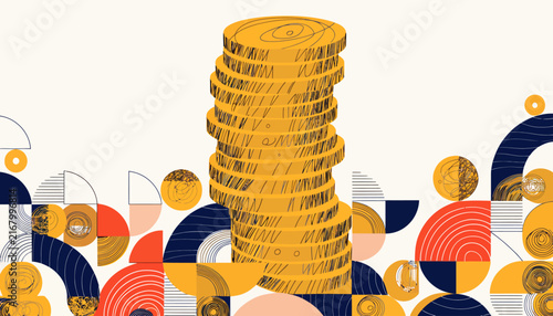 Stack of golden coins with abstract geometric pattern background, financial success concept