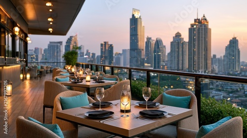 Elegant rooftop restaurant with city skyline view at sunset featuring modern decor, comfortable seating, and ambient lighting in a vibrant urban setting