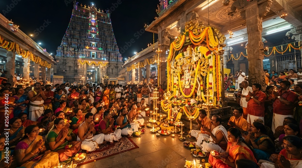 Obraz premium Devotees praying at a grand illuminated hindu temple during a religious festival ceremony at night