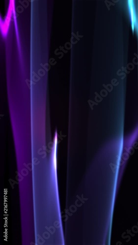 Motion graphics of glowing abstract vertical light waves and smooth flowing neon smoke ribbons over dark background