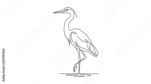 Continuous one line drawing of a standing heron bird isolated on white background.