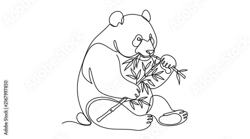 Continuous one line drawing of a cute panda eating bamboo leaves and stems.