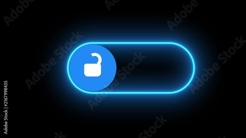 Blue Neon Glow Lock and Unlock Sliding Toggle Animation on Black Background, Secure Access and Privacy Interface Motion Graphic