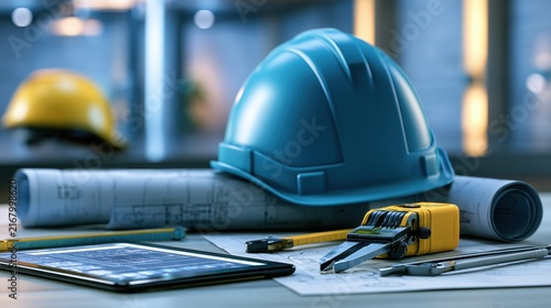 Professional Construction Workspace with Blue Hard Hat, Drafting Tools, Orange Measuring Tape, and Digital Tablet on Architectural Plans in Modern Office Setting