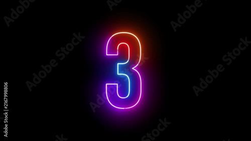 Colorful Neon Glow Number Three Animation on Black Background, Bright Digital Countdown and Numeric Motion Graphic Element