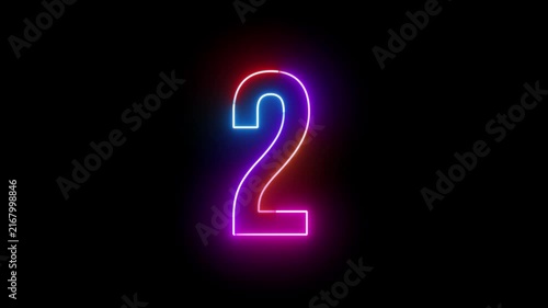 Colorful Neon Glow Number Two Animation on Black Background, Bright Digital Countdown and Numeric Motion Graphic Element
