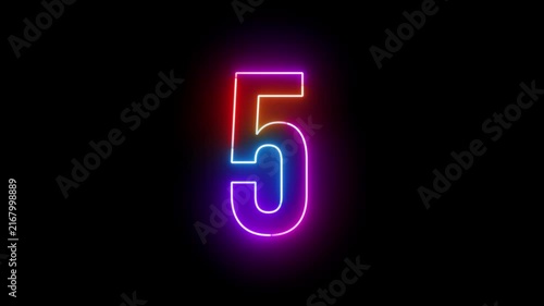 Colorful Neon Glow Number Five Animation on Black Background, Bright Digital Countdown and Numeric Motion Graphic Element