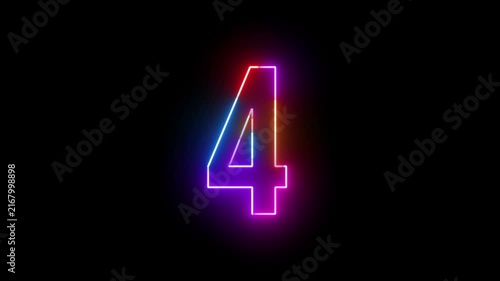 Colorful Neon Glow Number Four Animation on Black Background, Bright Digital Countdown and Numeric Motion Graphic Element