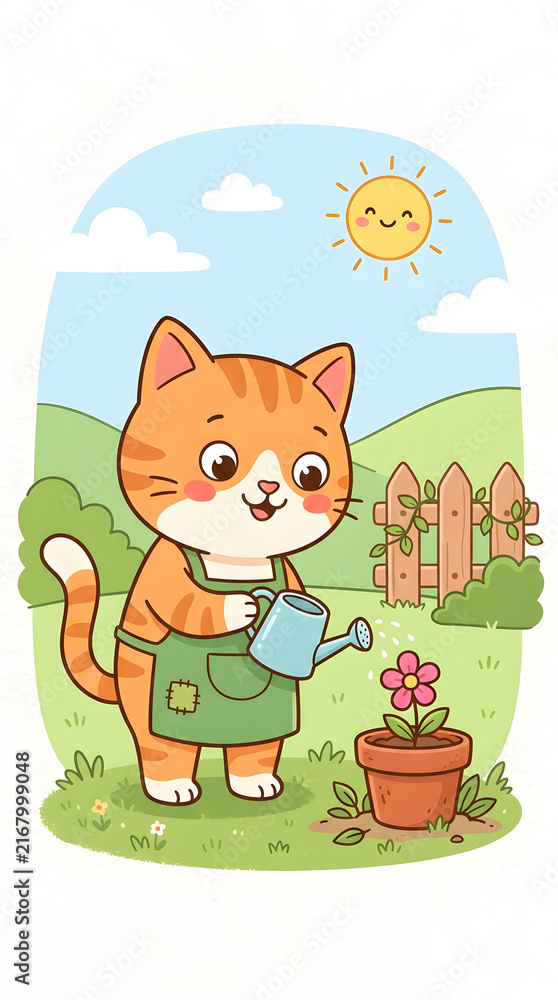 Fototapeta premium Cute cartoon cat watering plants in a sunny garden