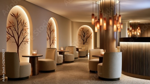 Elegant and Modern Lounge Interior Design Featuring Cozy Seating, Artistic Wall Decor, and Soft Ambient Lighting for Contemporary Spaces