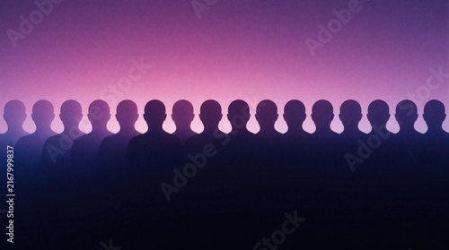 Silhouettes of group against purple-pink gradient suggest gathering, crowd, audience. Abstract figures imply anonymity individuality. Colorful background enhances modern digital art. Perfect for
