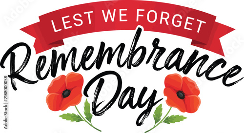 фотографія Red poppy flowers with remembrance day text and ribbon banner