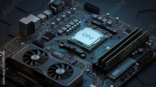 Obraz na płótnie Isometric view of computer motherboard with cpu socket gpu and memory modules for high tech computing
