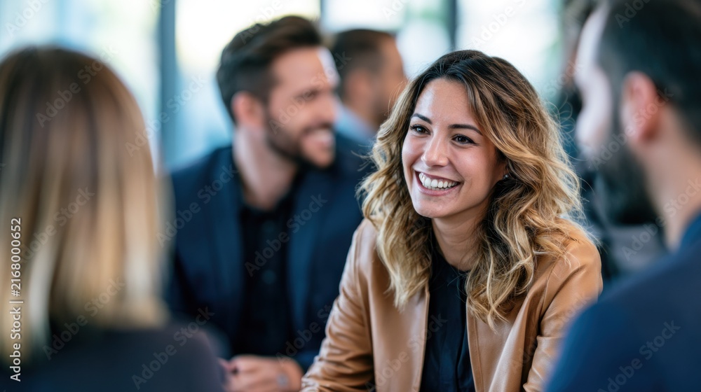 Obraz premium A smiling woman in a brown jacket sitting in a meeting with a group of people.