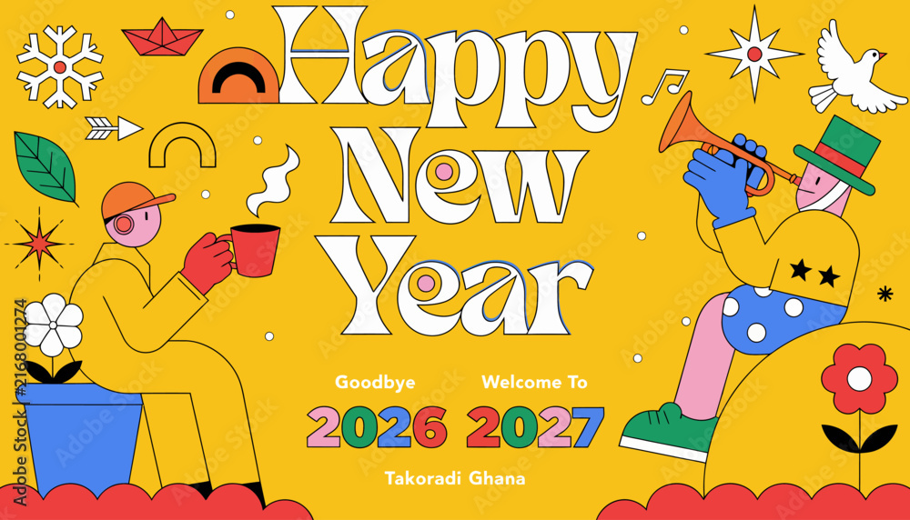 Fototapeta premium Happy New Year 2027 Celebration, Takoradi Ghana, Festive Graphics with People, Music, and Symbols