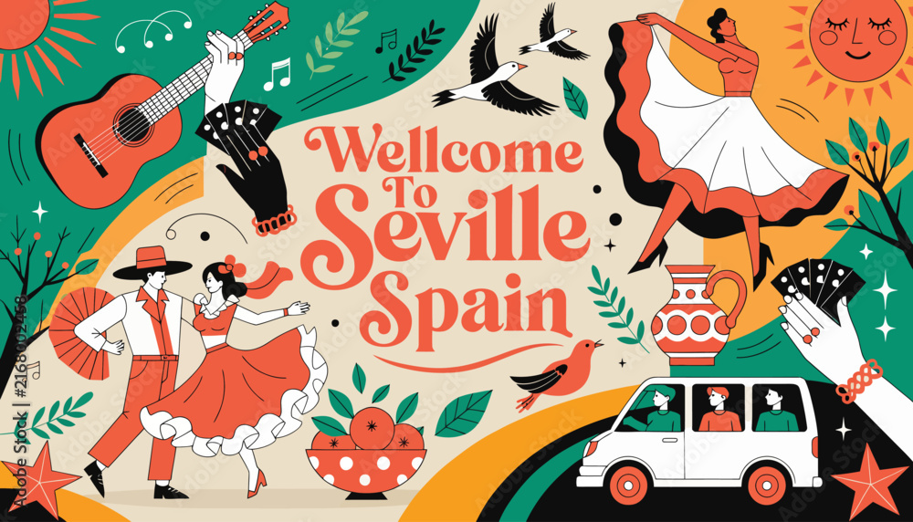 Fototapeta premium Welcome to Seville, Spain: Spanish Culture, Flamenco Dance, Guitar, Sun, Travel Destination